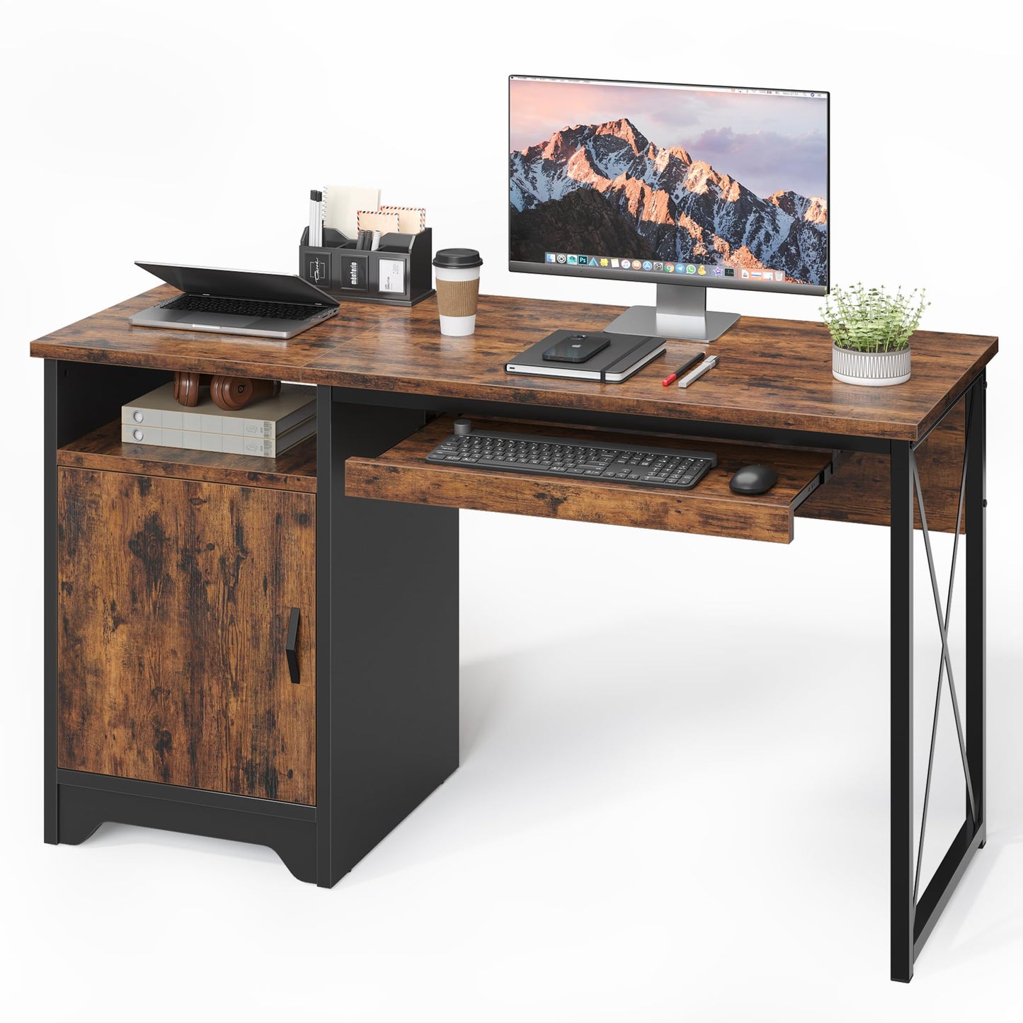 Bestier Office Desk with Keyboard Tray, 47 inch Industrial Computer Desk with Storage, Reversible Executive Desk with File Cabinet for Home Office Bedroom, Rustic Brown