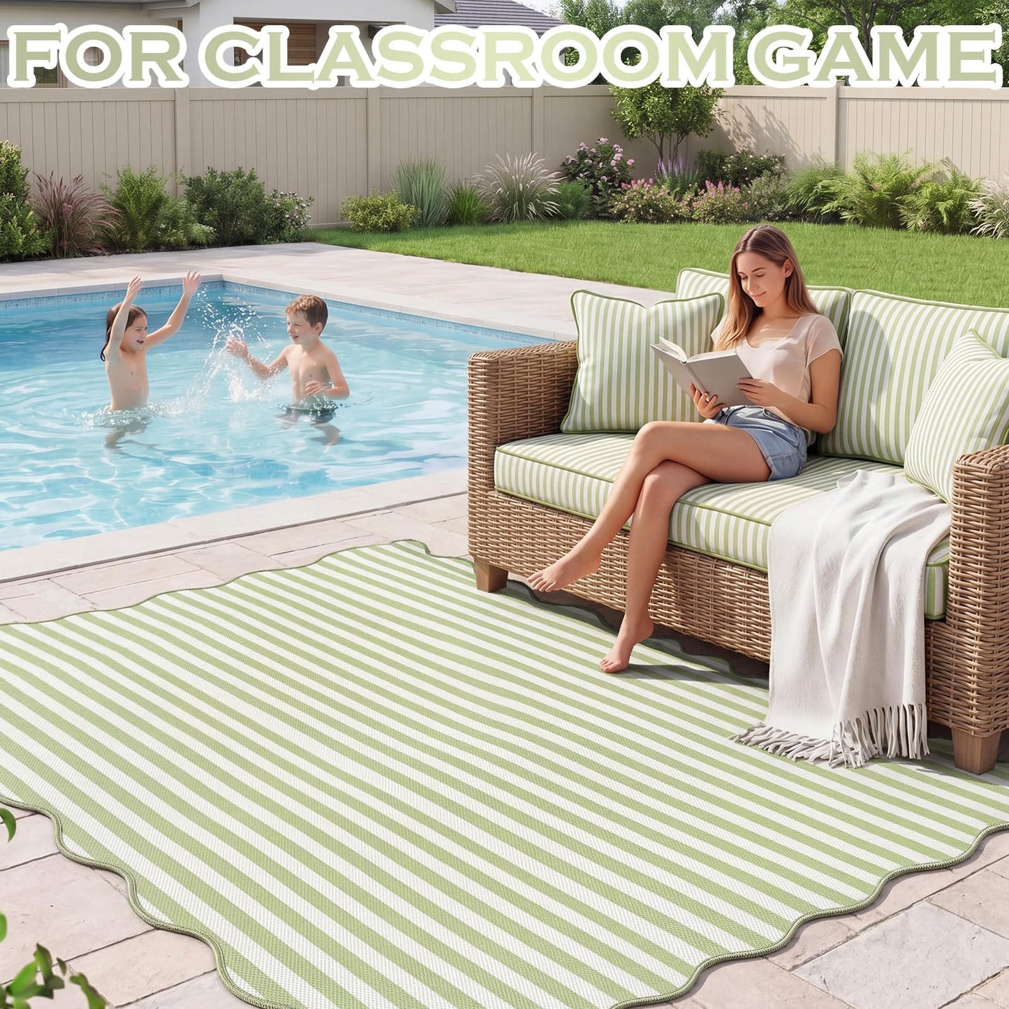 Klyyo Clyro Green Scalloped Outdoor Plastic Straw Rugs 5x8 ft Reversible Camping Rug Waterproof Striped Patio UV Resistant Mat Foldable Indoor Outdoor for Outside Beach Pool Patio Backyard Deck