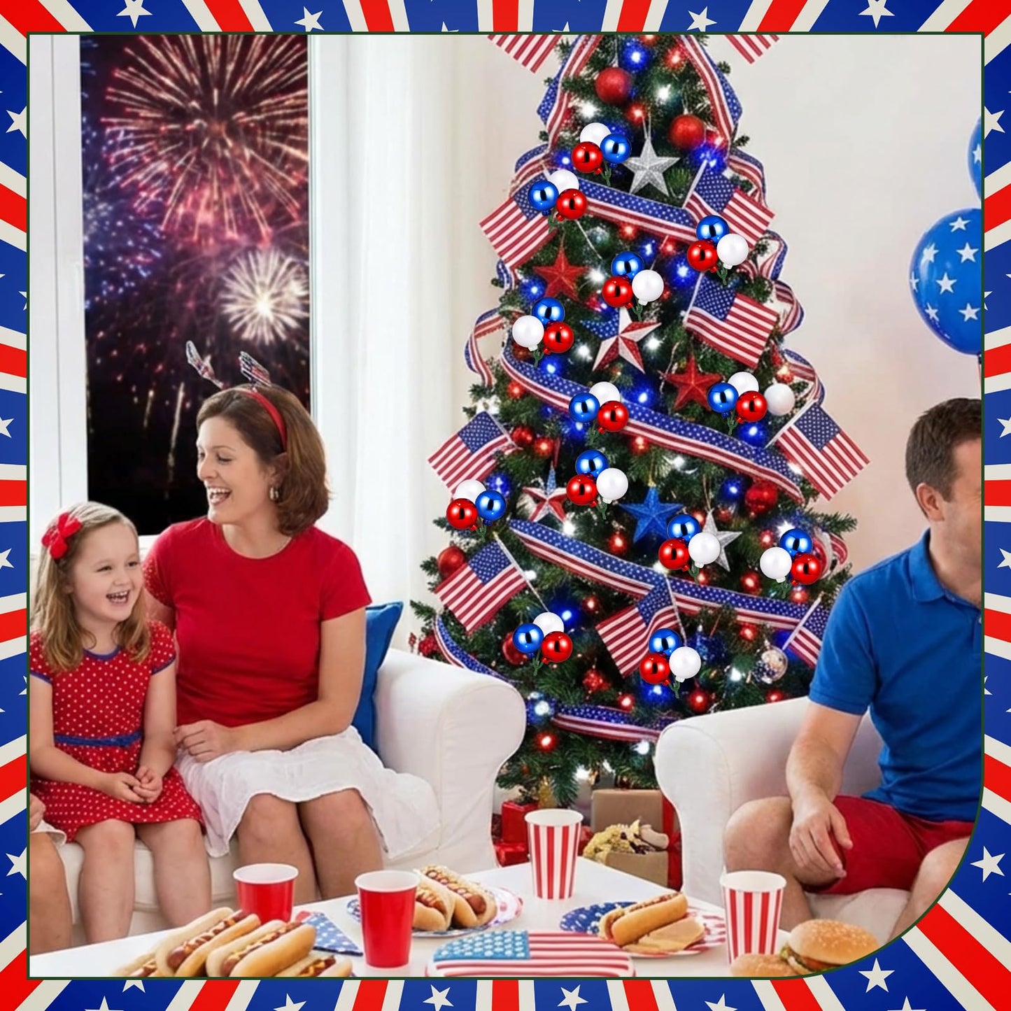 Syhood 12 Set 4th of July Red White and Blue Ball Picks Patriotic Tree Decoration 7.9 Inch 250th Anniversary Glitter Ball Ornaments on Wired Picks and Sprays for Independence Day Tree Wreath Vase DIY