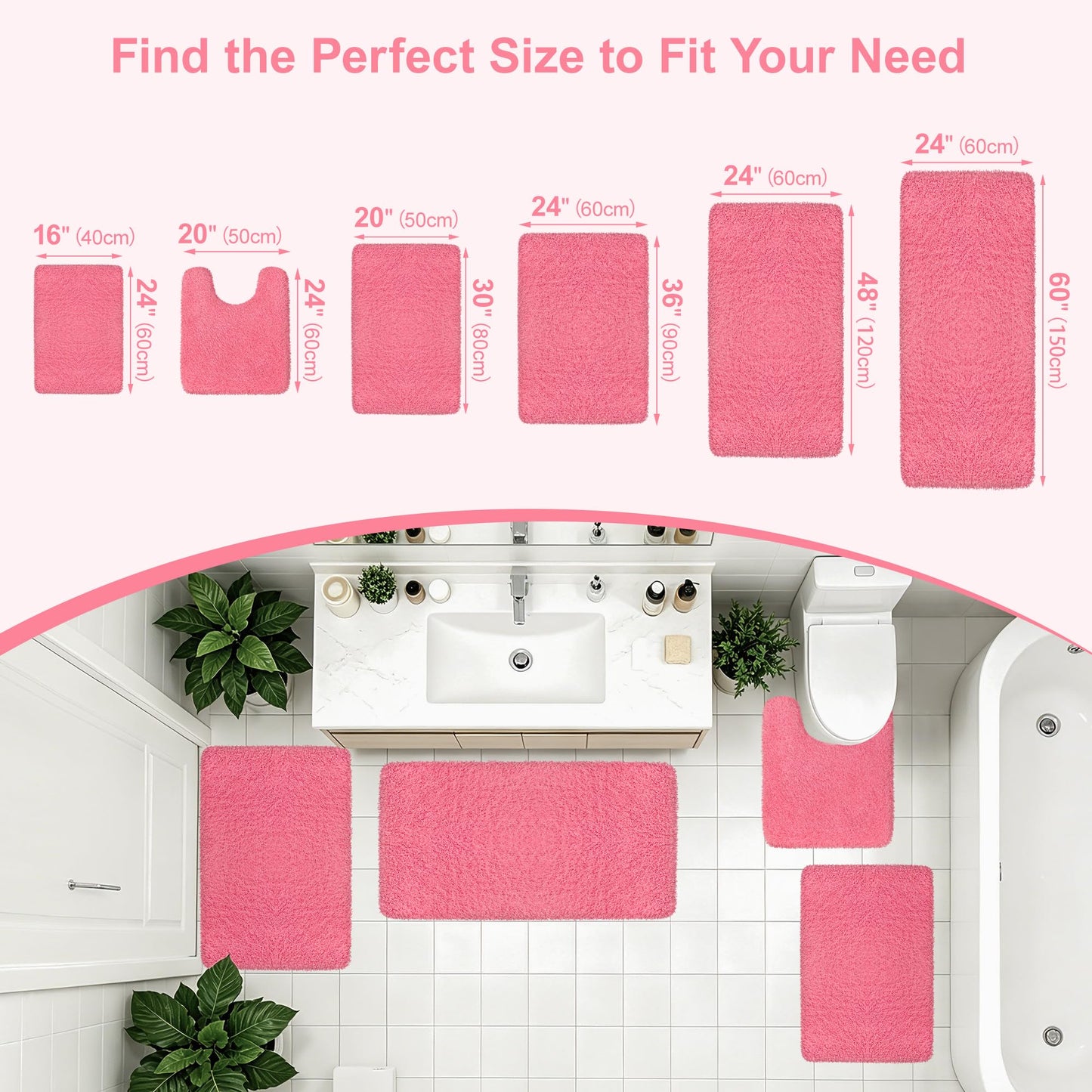 MondayRug Bathroom Rugs Non Slip 24"x16", Absorbent Bath Mats Quick Dry, Shaggy Microfiber Bath Rugs, Extra Soft Plush, Machine Washable Bath Mats for Bathroom Floor, Tub and Shower, Pink