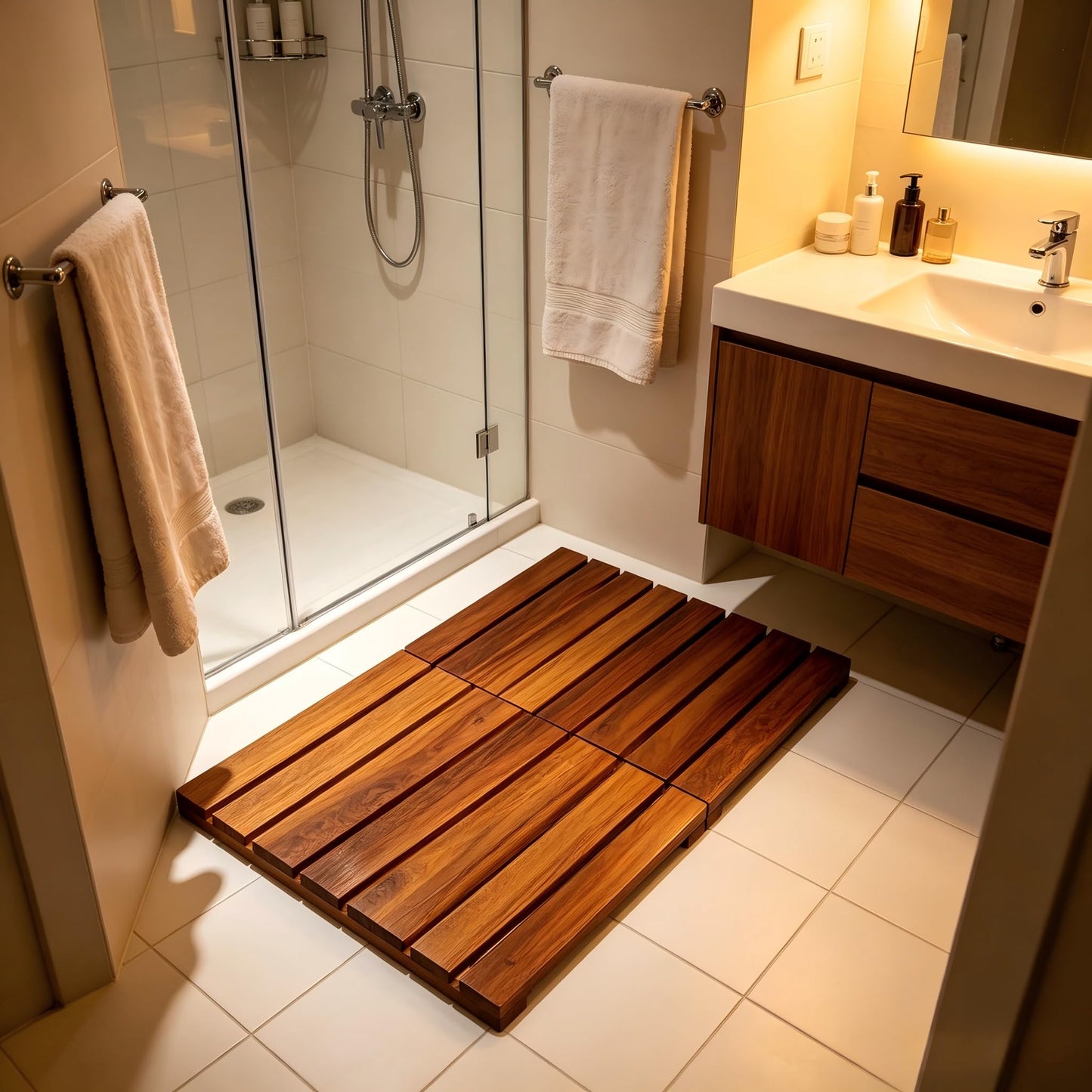 Nhohobiy Wood Shower Bath Mat - Foldable Wooden Bathroom Mat, Bamboo Teak Acacia Floor Mat Rugs for Inside Shower Platform Outdoor Indoor