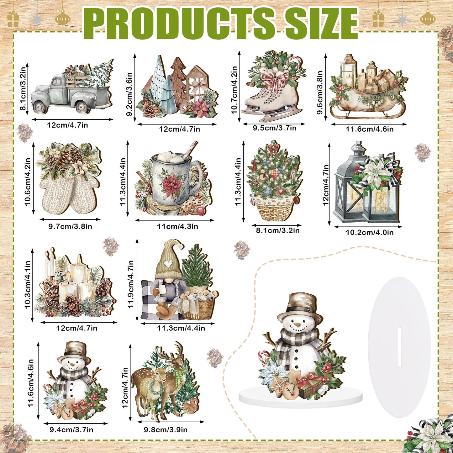 Yousoontic 12Pcs Christmas Rustic Wooden Centerpieces Decorations Winter Santa Snowman Elk Gnome Snowflake Xmas Tree Wooden Signs Farmhouse Tabletop Centerpieces Home Decor for Winter Holiday Dinner
