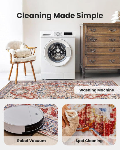 AMADA HOMEFURNISHING 8x10 Washable Area Rug, Low-Profile Large Area Rug with Non-Slip Backing & Durable Edge Binding, Vintage Large Rugs for Living Room, Bedroom, Dinning Room