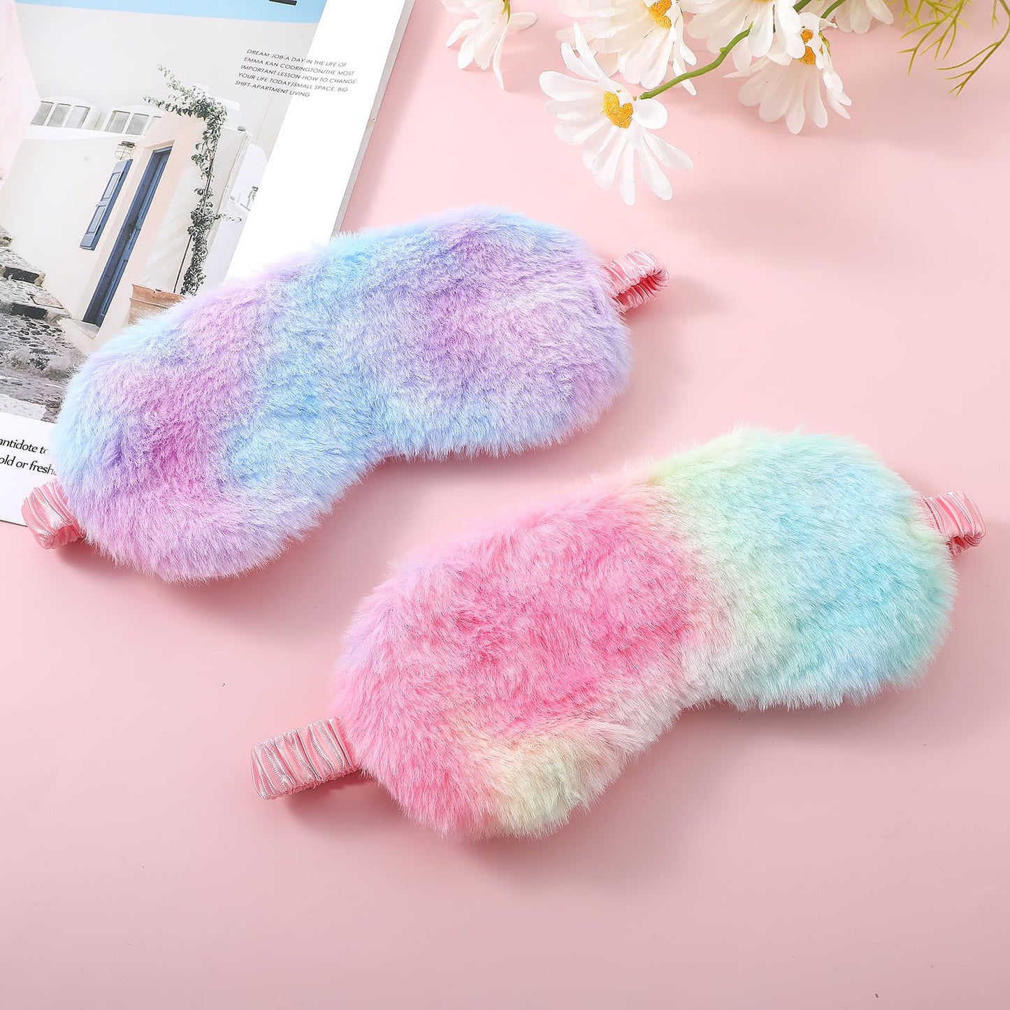 2 Pack Plush Sleeping Eye Mask Soft Plush Eye Mask Fuffy Eye Cover Comfortable Sleep Mask Blindfold Rainbow Faux Fur Eye Shade for Women, Men and Kids Travel Nap Sleeping 565488_2_3pL1H9vJ3