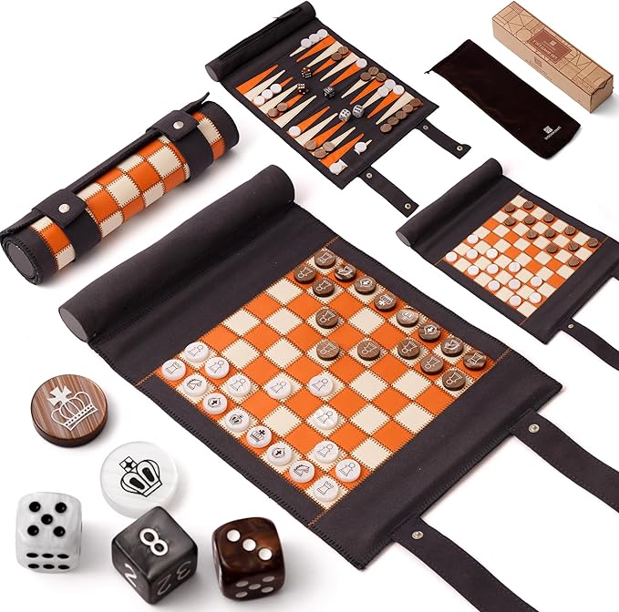 Woodronic 3 in 1 Travel Chess Checkers Backgammon Set Roll-up Leather Backgammon Game Set with 32 Pearl Textured Pieces and 5 Dices Portable Travel Strategy Board Game Set for Adult Navy Blue