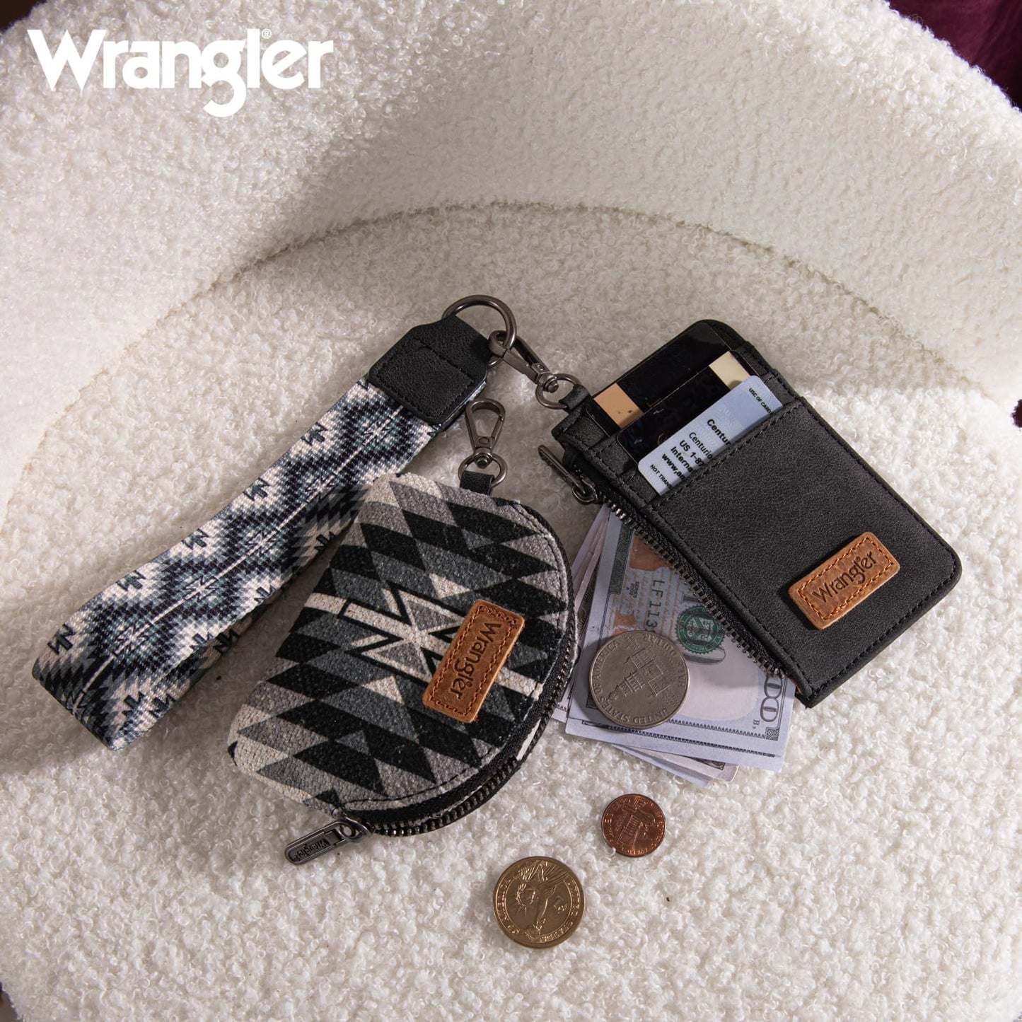 Wrangler Western Aztec Keychain Wristlet Wallets for Women Dual Pouch Wristlet Portable Credit Card Holder Wallet with Zipper Pocket WG2213-W0051BK