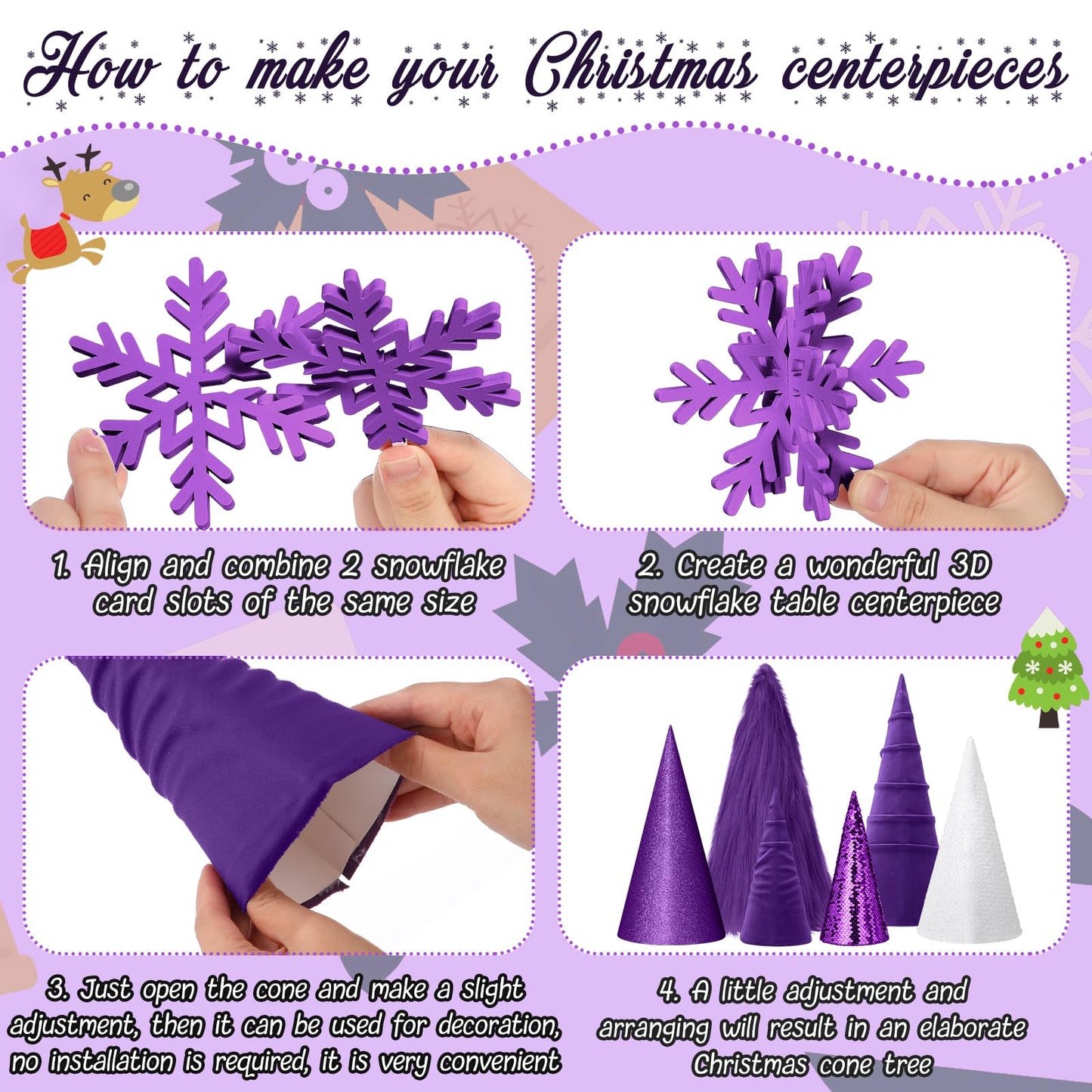 Knitgrip 24 Pcs Large Cone Christmas Trees with Snowflakes Set, 14'' 11'' 8'' Christmas Tree Tabletop Decor & Wooden 3D Snowflake Table Centerpiece for Gifts Winter Home Decorations(Purple)