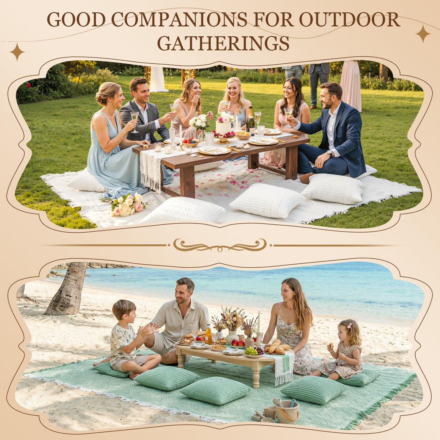 Extra Large Outdoor Rug Boho Picnic Blanket with Low Table Runner and 6 Throw Pillows Covers Set for Beach Essentials Beach Accessories Garden Party Decoration Patio Park Lawn Grass Festival Mat XL