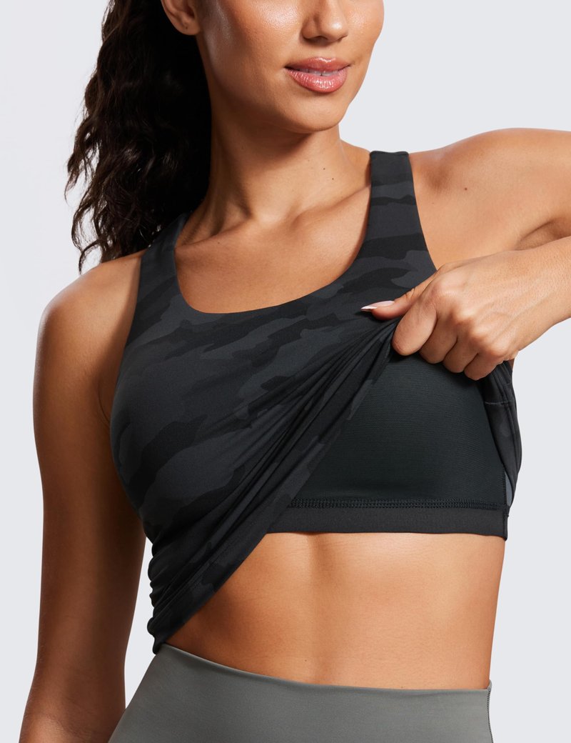 CRZ YOGA Butterluxe Workout Racerback Tank Tops for Women - Padded Athletic Spandex Yoga Shirts with Built in Bra Dark Grey Camouflage 2 X-Large