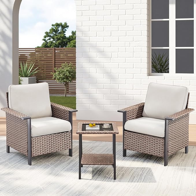3 Pieces Wicker Patio Furniture Set-Outdoor Patio Chairs Set of 2 with Outdoor Side Table, Patio Furniture Set with Deep Seating Chairs for Porch Deck Balcony Garden Brown/Beige