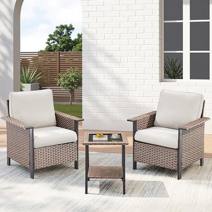 3 Pieces Wicker Patio Furniture Set-Outdoor Patio Chairs Set of 2 with Outdoor Side Table, Patio Furniture Set with Deep Seating Chairs for Porch Deck Balcony Garden Brown/Beige