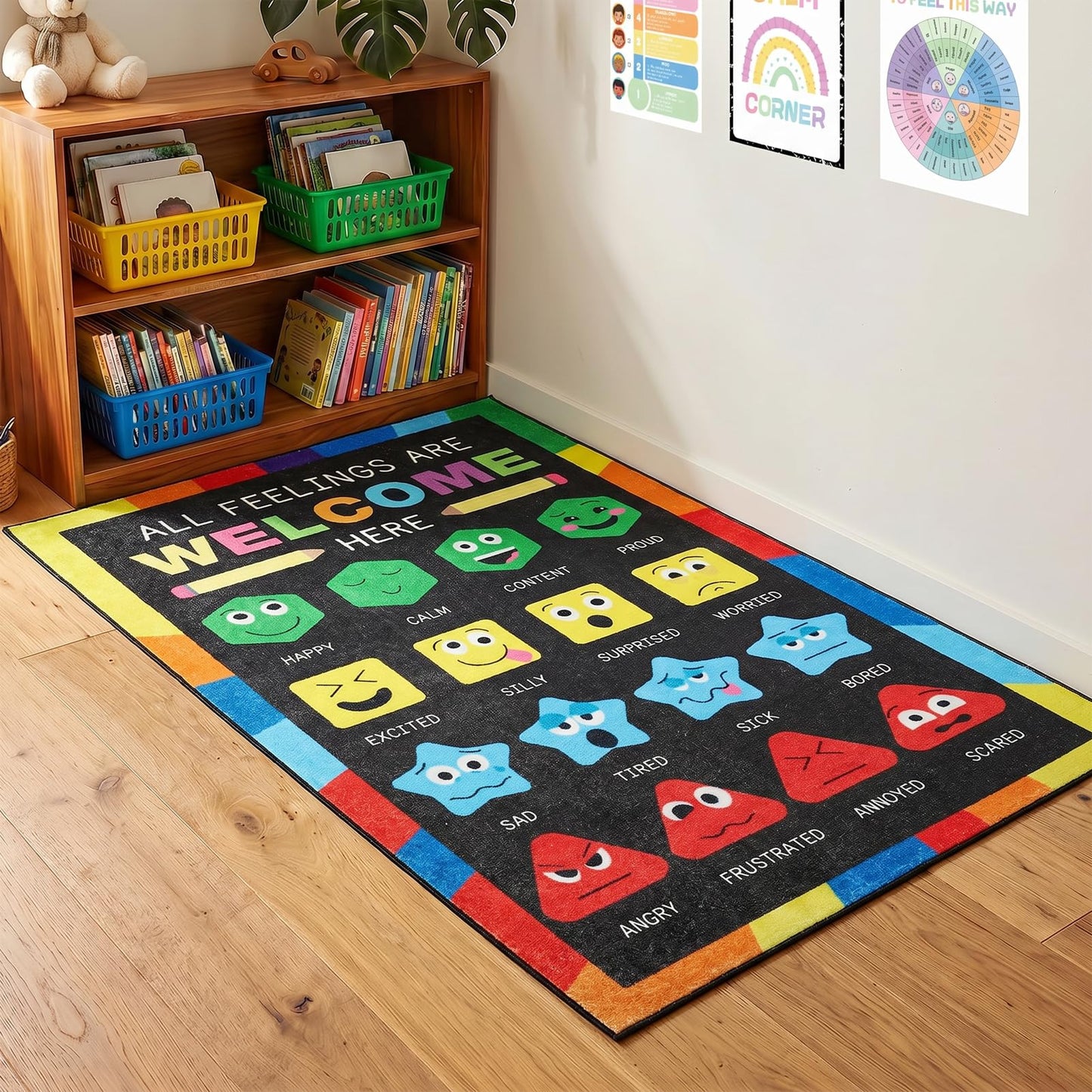 Beeplove 36''x60'' Calm Down Corner Supplies Classroom Rug - Non-Slip Backing with 8 Grippers, Feelings Chart Kids Reading Rug for Preschool Nursery Back to School Classroom Decor, Raibow & Black