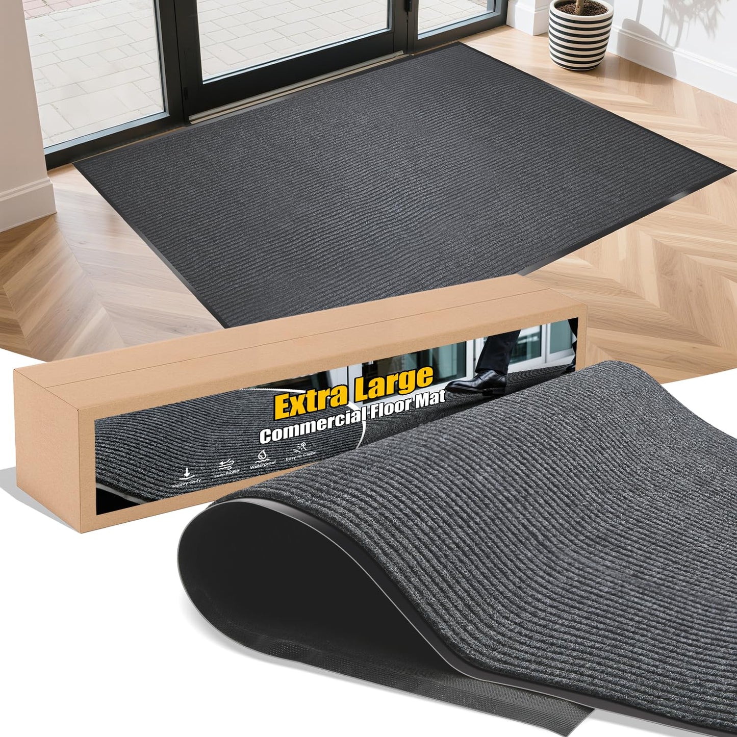 Extra Large Indoor/Outdoor Entrance Mat - 4 x 5 Feet, Rubber Border Door Mat Heavy Duty, Waterproof, Low-Profile, Easy to Clean, Rubber Entry Mat, Commercial Floor Mat, Charcoal Grey