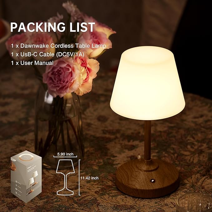 Table Lamp Cordless Lamp,Outdoor Waterproof Shower Lamps,5000mAh Rechargeble Battery Operated Lamp Dimmable Touch Desk Lamps,LED Night Light for Bathroom Patio Camping Restaurant Home(Walnut)