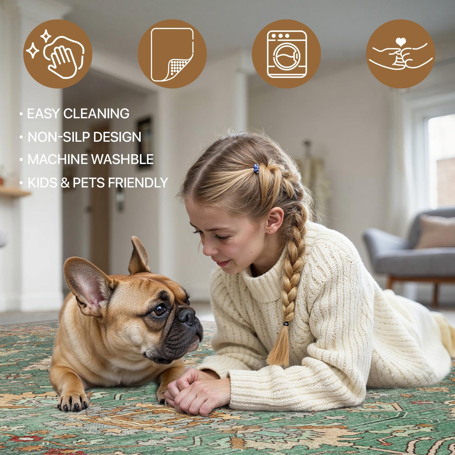 Bavni Washable Area Rugs 8x10 Green Boho Rug Tumble Vintage Large Carpet for Living Room Bedroom Dining Room, Non Slip Thin Low Pile Chenille, Dark Sage/Gold