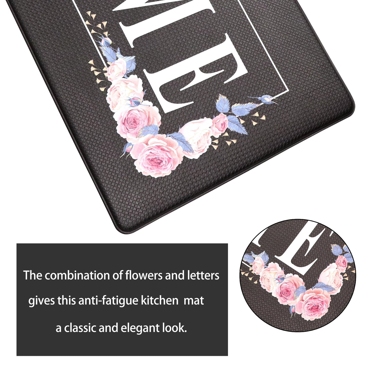 Floral Kitchen Mat Sets 2PCS Non Skid Waterproof Kitchen Rugs and Runner Sets Cushioned Anti-Fatigue Comfort Mat for Home,Office Memory Foam Kitchen Rug, 17.3"x30"+17.3"x47", Black/Pink
