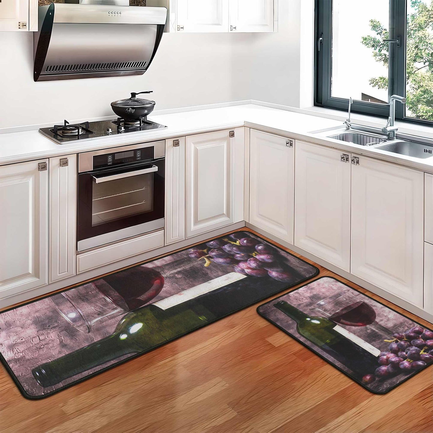 Yovirinto Wine Kitchen Rugs and Mats Sets of 2, Non Skid Washable Absorbent Microfiber Farmhouse Kitchen Mat for Runner Hallway Doormat Bathroom 17"x 47"+17"x 30"