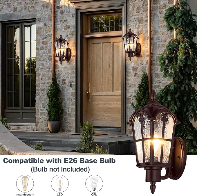 Sucolite Large Size Outdoor Wall Light Fixtures, Brown Exterior Lighting Fixtures Porch Sconces Waterproof, Vintage Outside Wall Sconces with Water Ripple Glass for House Front Door Garage, 1 Pack