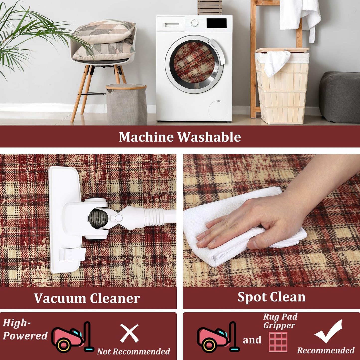 LUXLOOM Washable Rugs 2x10 Runner Rug Modern Plaid Bathroom Rugs Non Slip Kitchen Runner Low Pile Entryway Rug Soft Runners Stain Resistant Carpet for Laundry Hallway Bedside 2'x10' Red