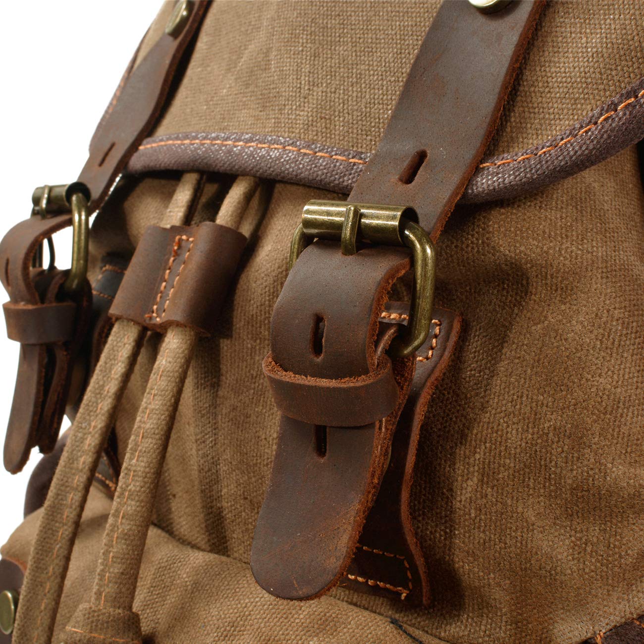 WUDON Men Travel Backpack, Genuine Leather-Waxed Canvas Shoulder Hiking Rucksack (Khaki)