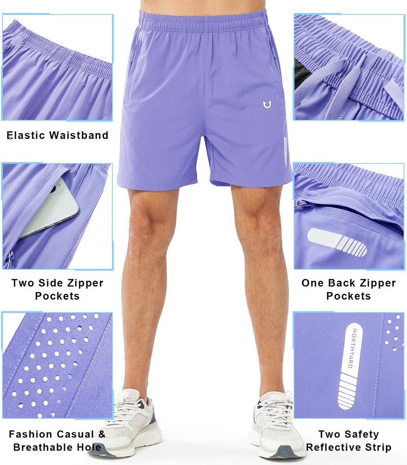 NORTHYARD Men's Athletic Running Shorts Gym Workout 7"/9"/5" Quick Dry Lightweight Sports Basketball Tennis 3 Zipper Pockets VIOLET-5inch 3XL
