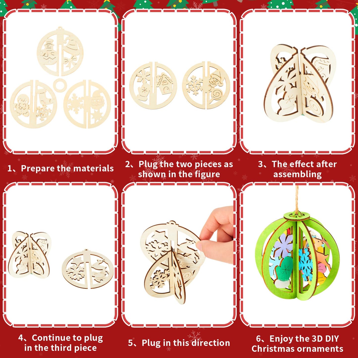 Chunful 36 Pcs DIY Christmas Wood Crafts to Paint 3D Unfinished Wooden Ornaments Christmas Hanging Cutouts Blank Hollow Wood Santa Gingerbread Snowflake Holiday Slice for Xmas Tree Decorations