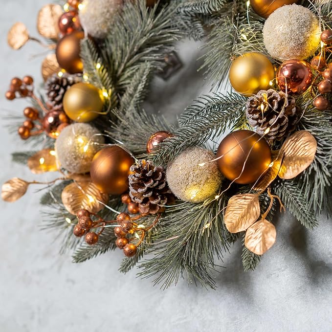 YULETIME 20-inch Christmas Wreath, Battery Operated Holiday Wreath with 20 Fairy Lights, Golden Baubles & Berries, Pine Cones, Golden Leaves, Frosted Spruce Branches and Pine Needles (Gold)