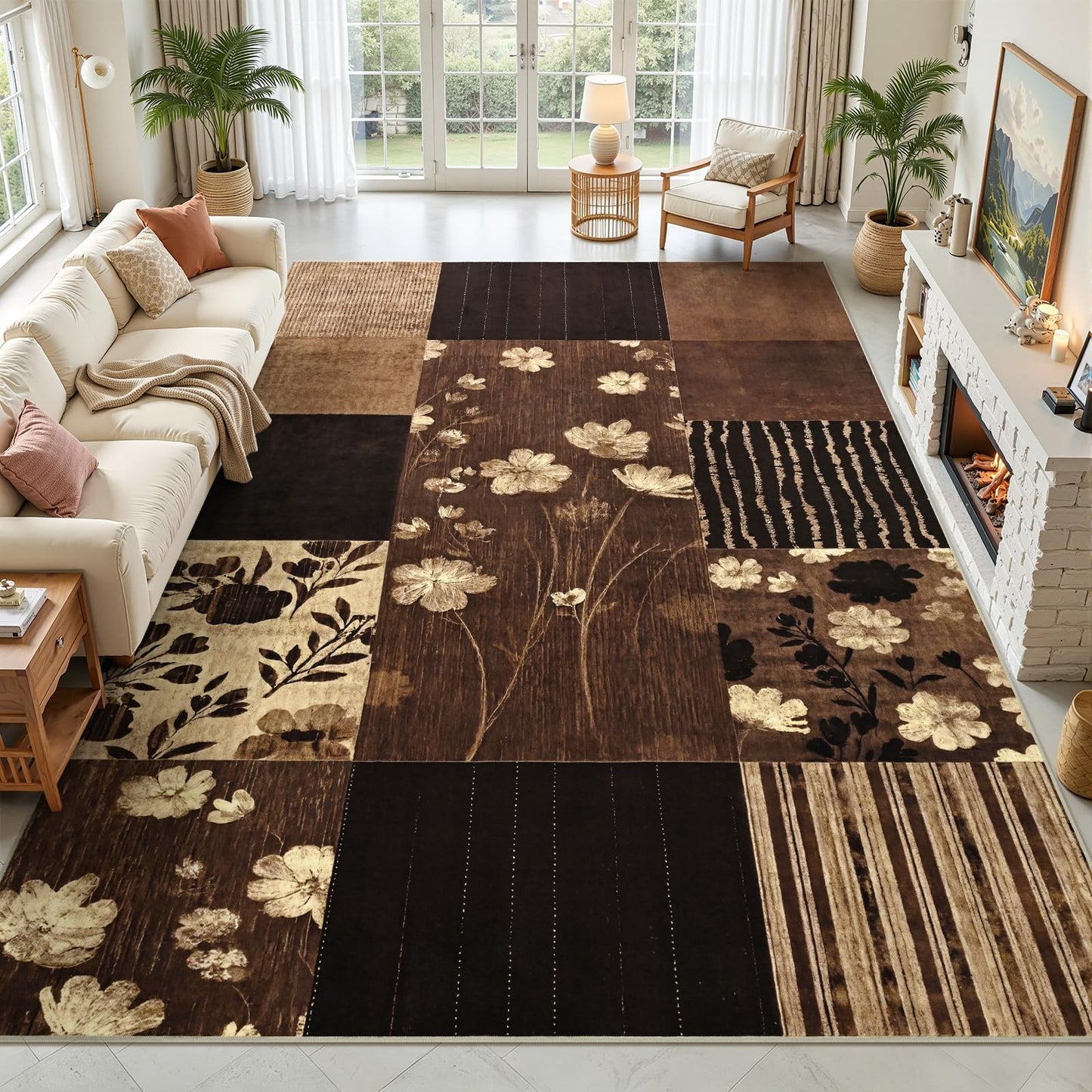 DweIke Area Rugs 4'x6' Washable Dark Brown Rug for Living Room, Non-Slip Modern Geometric Patchwork Stain Resistant Indoor Throw Carpet for Bedroom Dining Room Farmhouse Office Decor