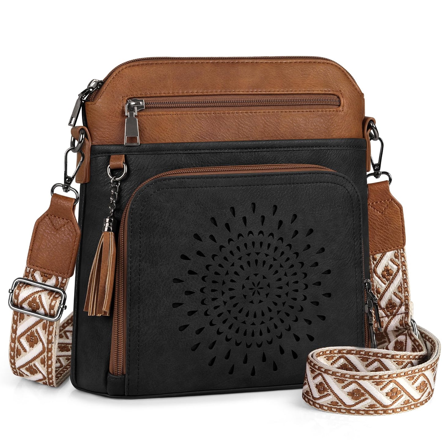 RAINSMORE Crossbody Bags for Women Leather Purse with Built in Wallet & Wide Straps Travel Cross Body Shoulder Handbags, black&brown