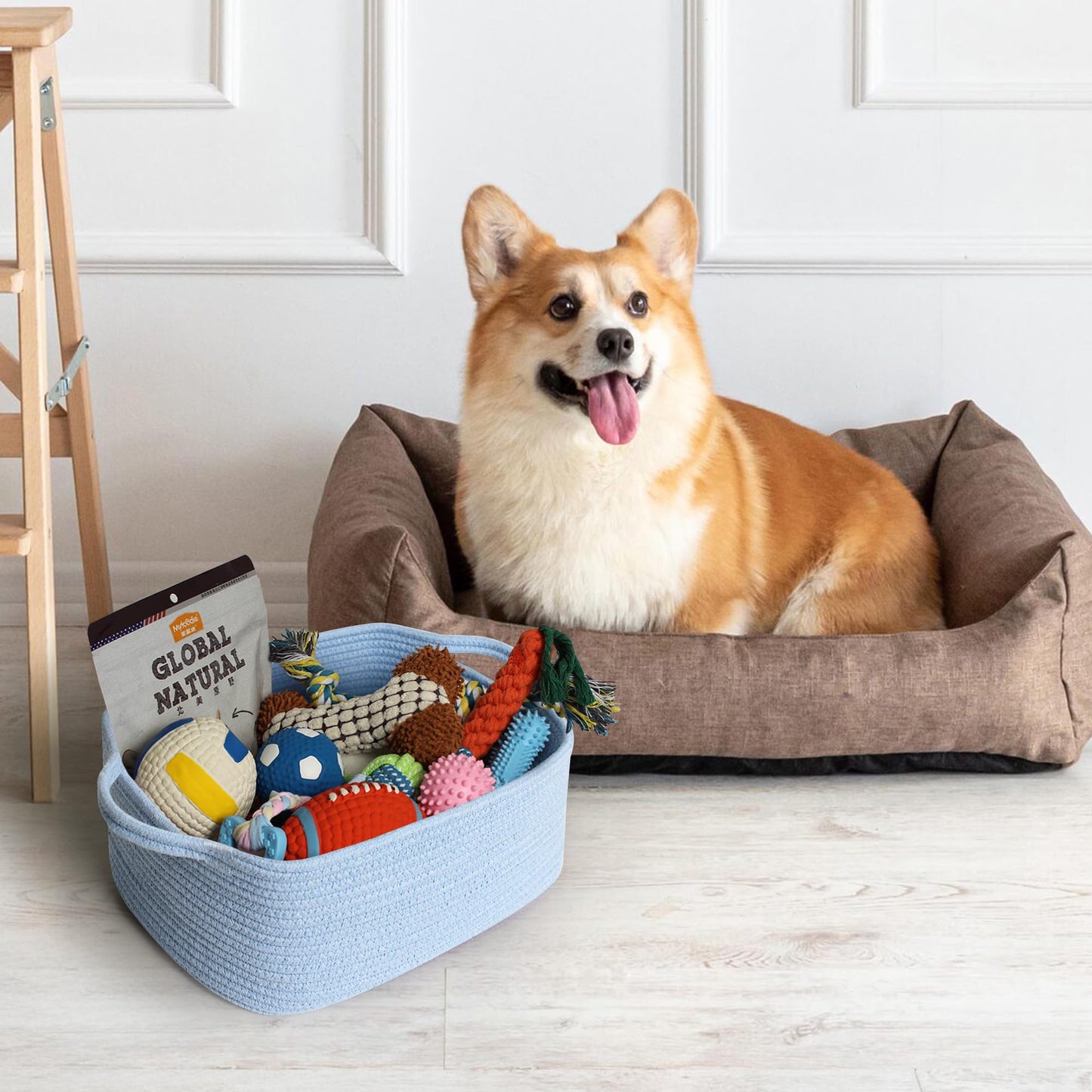 MEGASKET Blue Woven Basket, 13.5” x 10” x 6” Blue Empty Gift Basket to Fill, Decorative Cotton Rope Storage Bin for Organizing, Cute Baby Nursery Organizer, Rectangle Dog Toy Bin, Room Decor