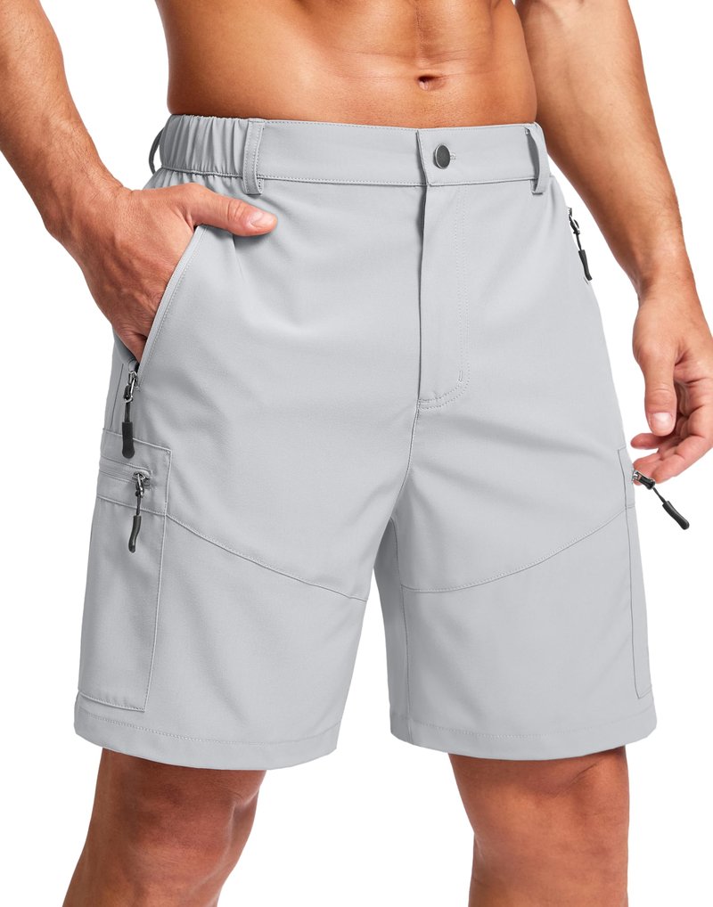 Pudolla Men's Hiking Cargo Shorts Lightweight 7" Travel Casual Shorts for Men Golf Work Outdoor with 5 Zipper Pockets(Bright Grey Small)