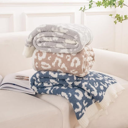 NEXHOME PRO Leopard Soft Blanket Twin Size, Fuzzy Throw Blanket for Couch Bed Sofa Picnic, Knit Blankets for Women Gifts Beige 60 x 80 inches