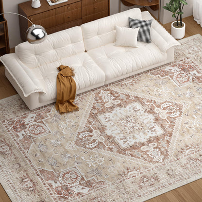 COHOME Beige Boho 6x9 Washable Rug for Under Table, Non-Slip Low Pile Area Rug for Living Room Bedroom Office, Charming Farmhouse Decor, Stain Resistant