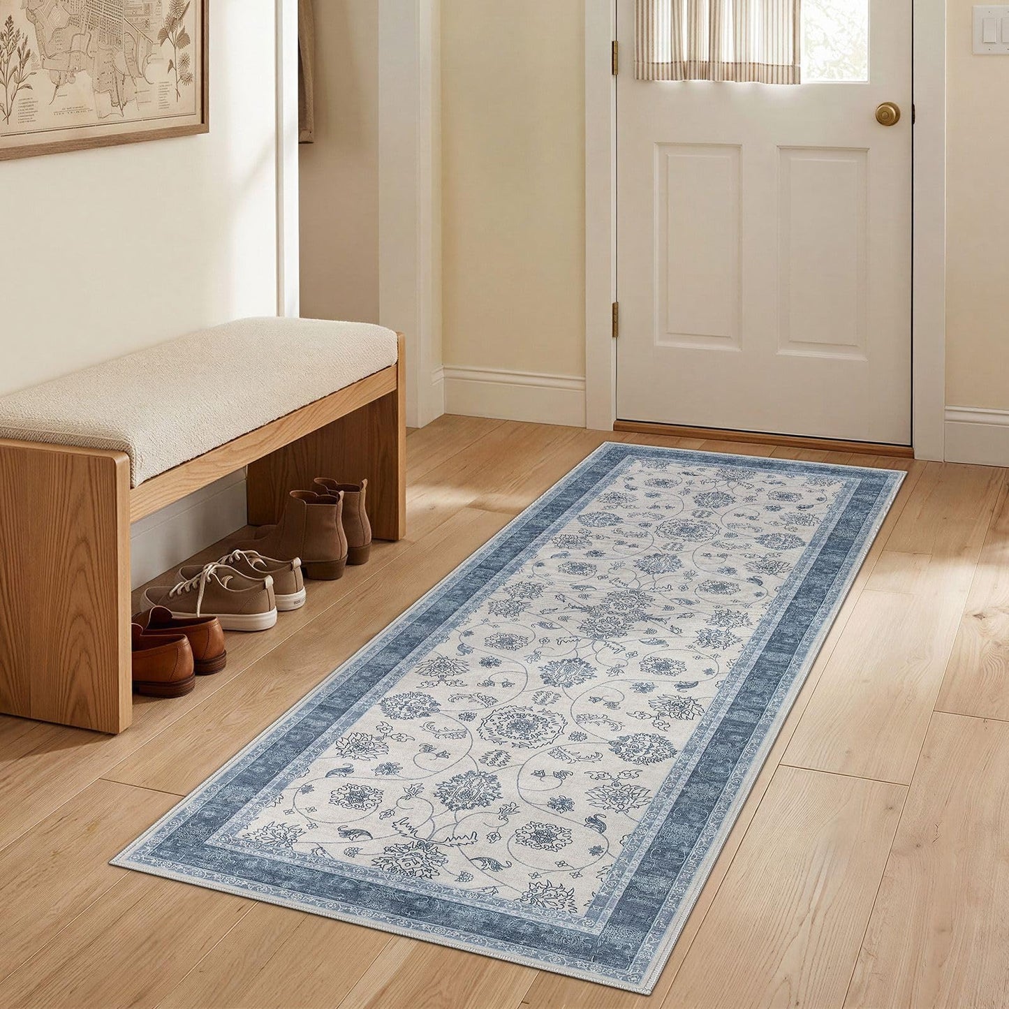 UERMEI 3x6 Machine Washable Runner Rug: Vintage Non Slip Low-Pile Stain-Resistant Hallway Floor Carpet, Soft for Entryway Kitchen Bathroom, Kid Pet Safe Robot Vacuum Friendly - Blue