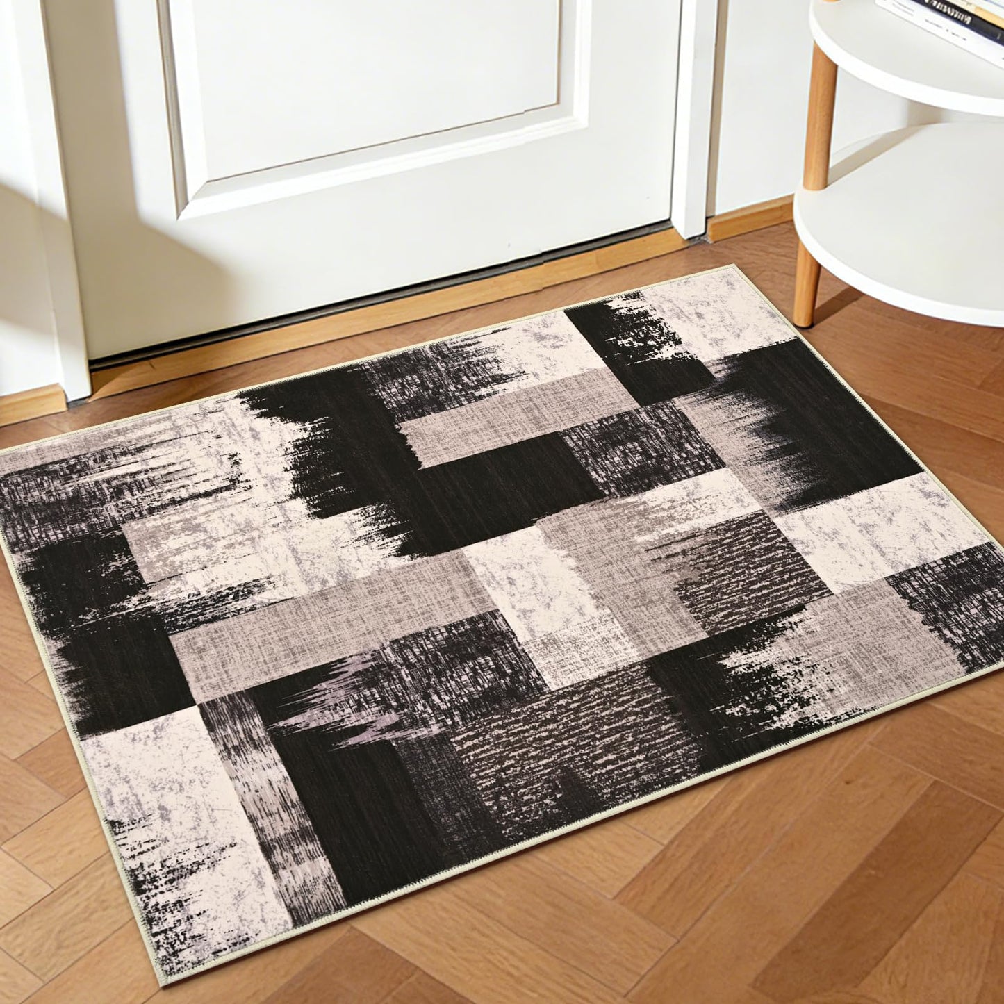 Yinhua Modern Geometric Entryway Rug 2x3, Patchwork Brown Rugs for Entryway Indoor Washable Abstract Area Rug Non Slip, Mid Century Door Rugs Stain Resistant, Low Pile Door Mat for Kitchen, Laundry