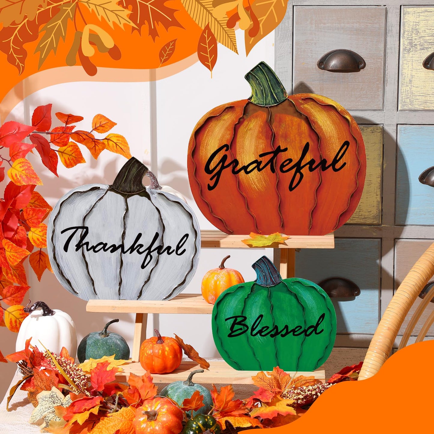 MorningRo 3 Pcs Thanksgiving Fall Yard Signs Outdoor Metal Pumpkin Decorative Garden Stakes, 28''+26''+24'' H Waterproof Pumpkin Yard Decoration for Outside Porch Patio Lawn Autumn Harvest Halloween