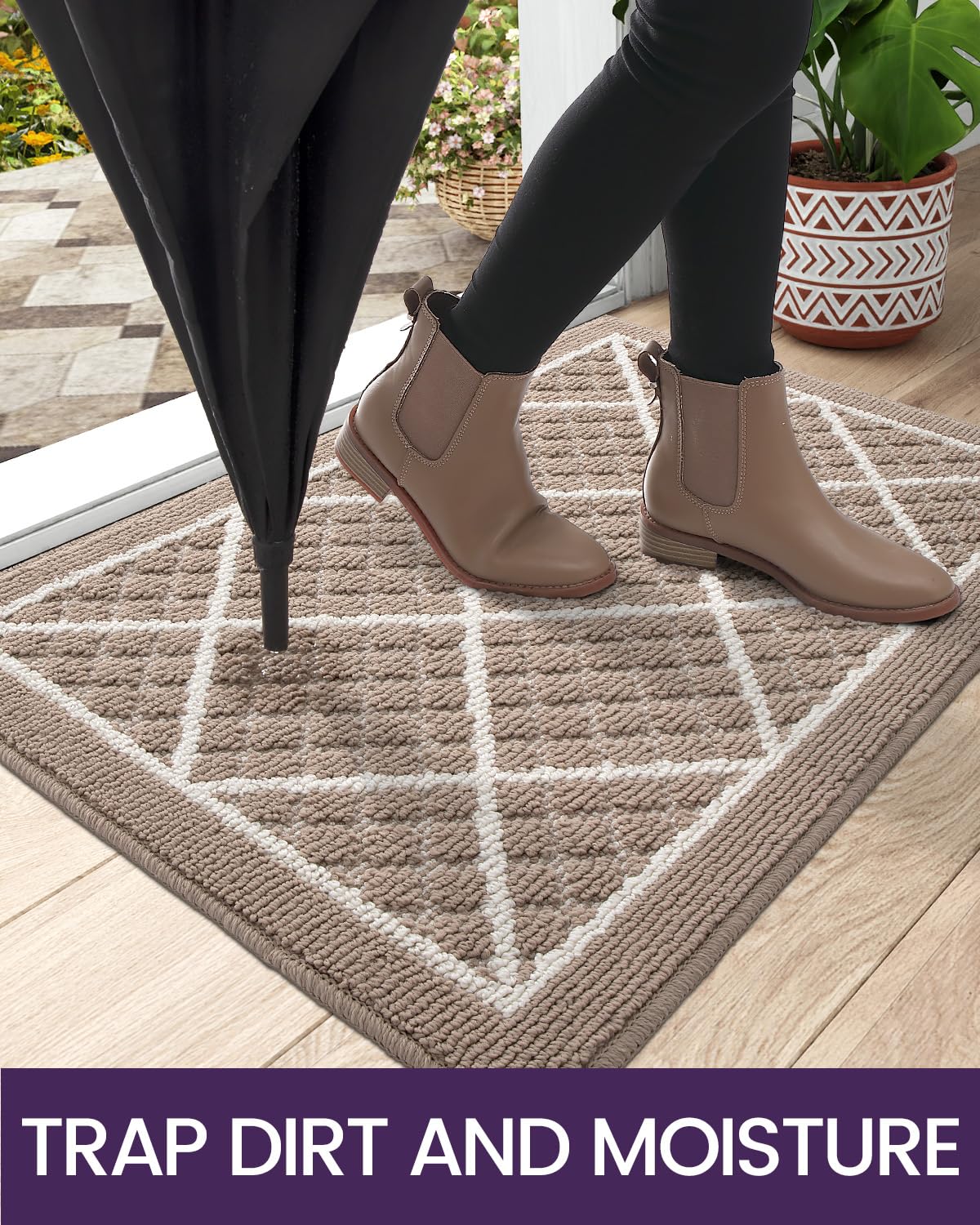 DEXI Front Door Mat 17x30, Non Slip Absorbent Entryway Doormat, Low Profile Thin Washable Entry Mats for Inside Home Entrance, Garage, Patio, Beige