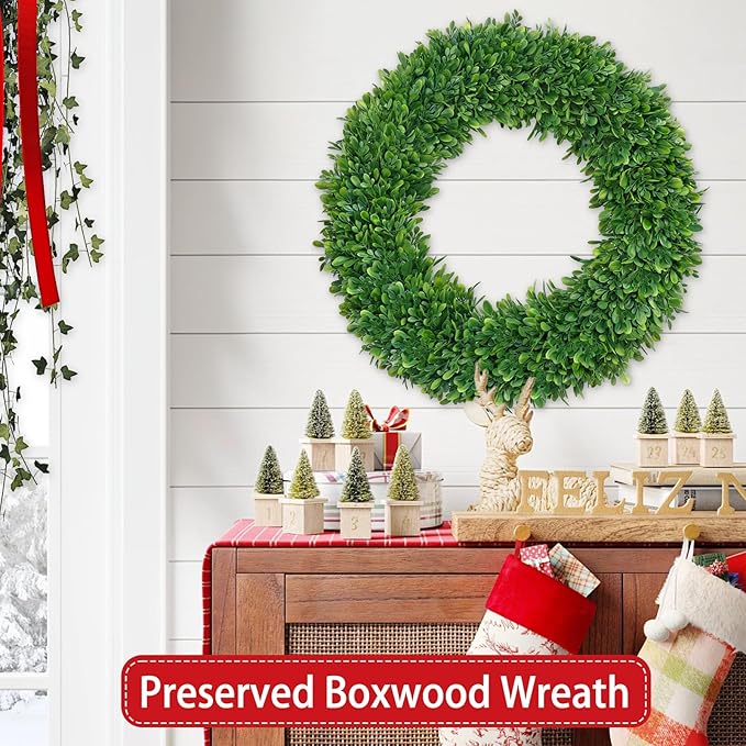 22 Inch Christmas Wreath Boxwood Wreath Realistic with Welcome Sign Faux Green Preserved Boxwood Wreaths Outdoor Spring Fall Winter Wreaths for Front Door Outside for Porch Farmhouse Wall Home Decor
