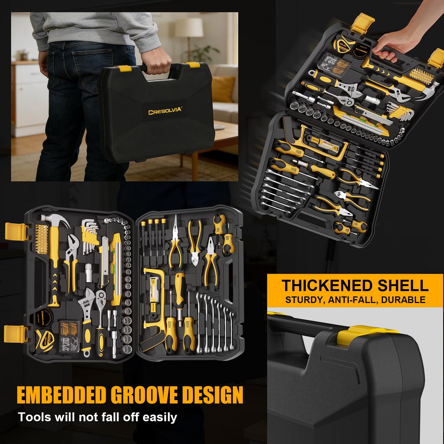 CRESOLVIA 199 Piece Tool Kit for Home,General Household/Auto Repair Tool Set,Basic Hand Tool Kit with Socket Wrench,Tool Box Case for Men,Perfect for Diyer Handyman Homeowner