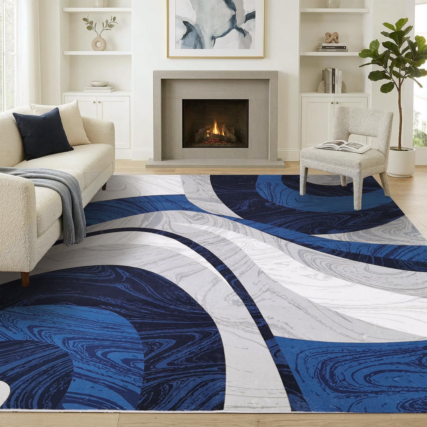 Washable Area Rug for Living Room, Indoor, Dinig Room – Soft Pile Non-Slip Rug for Kitchen – Modern Contemporary Design Machine Washable Carpet, Foldable Rug, Easy to Clean – (5X7-Dark Blue)