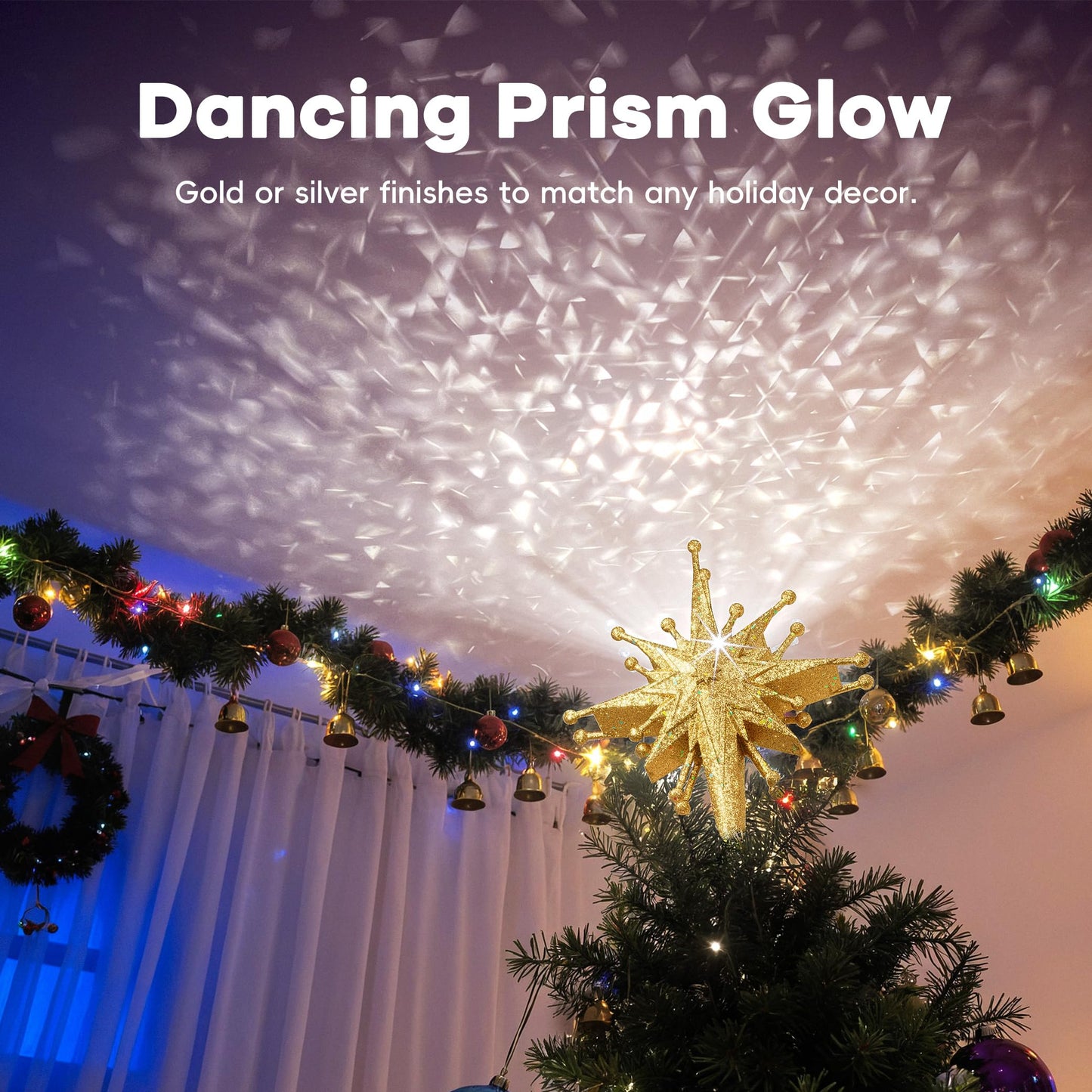 2025 Upgraded Christmas Tree Topper Projector Light with Rotating Bright LED & Wide Coverage, Universal Fit for Any Height Tree, Easy Install, Stable Base, Holiday & Party Decorations (Starlight Gold)