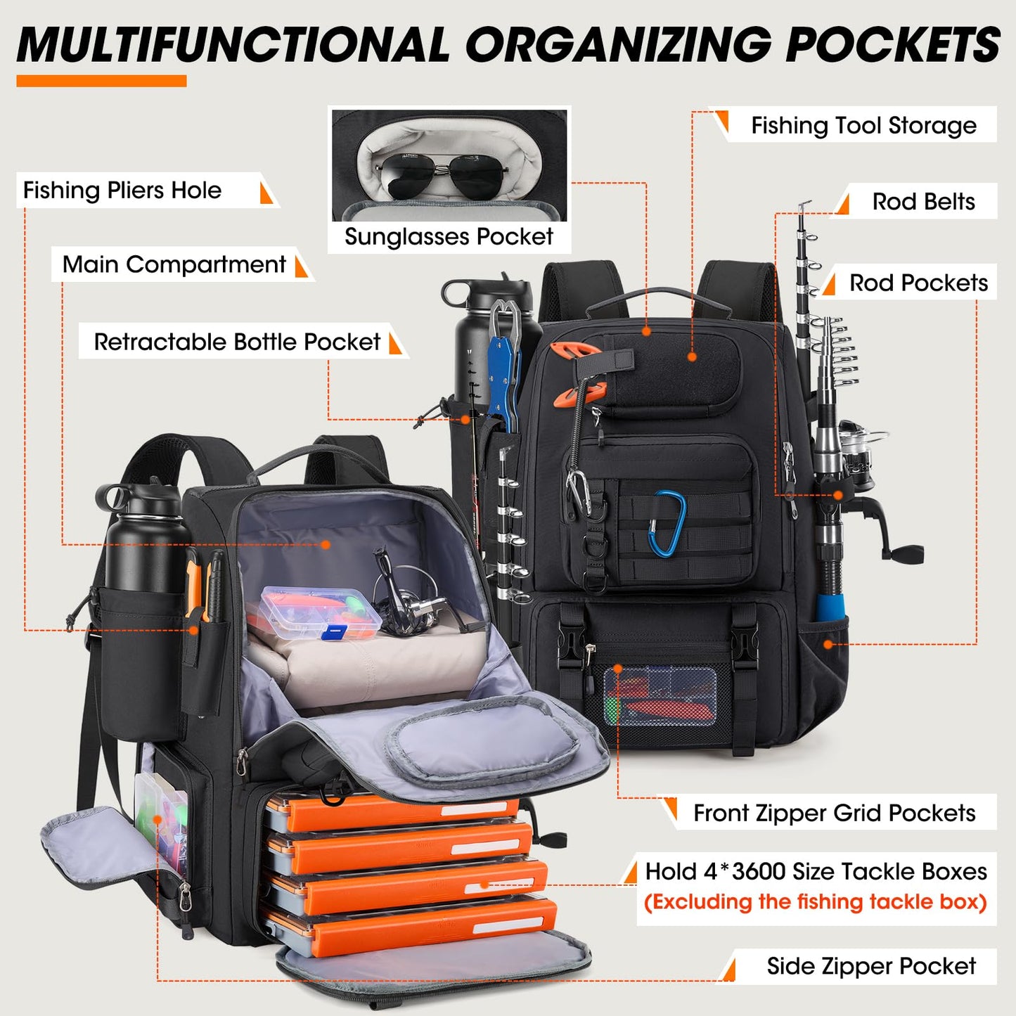 RAINSMORE 40L Fishing Backpack with Rod Holders & Cooler Compartment Water-Resistant Fishing Tackle Backpack with Rain Cover, Fits 4 x 3600 Boxes, Outdoor Gear Pack for Fishing & Camping