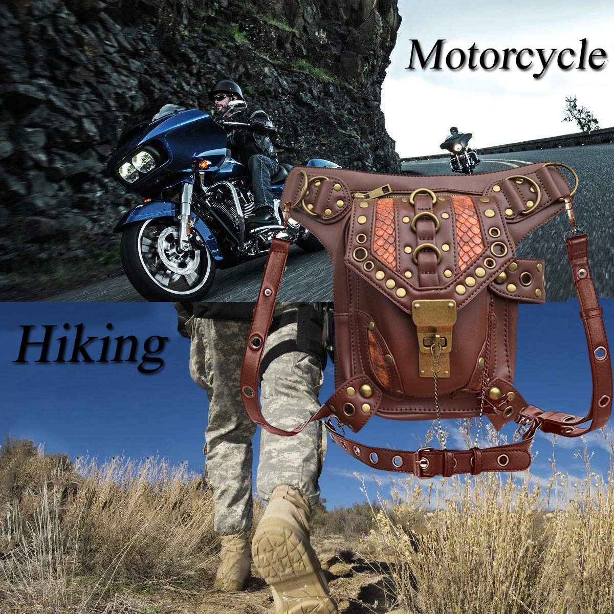 Steampunk Waist Bag Fanny Pack Fashion Gothic Leather Shoulder Crossbody Messenger Bags Thigh Leg Hip Holster Purse Travel Pouch Hiking Sport Chain Bags for Women Men brown