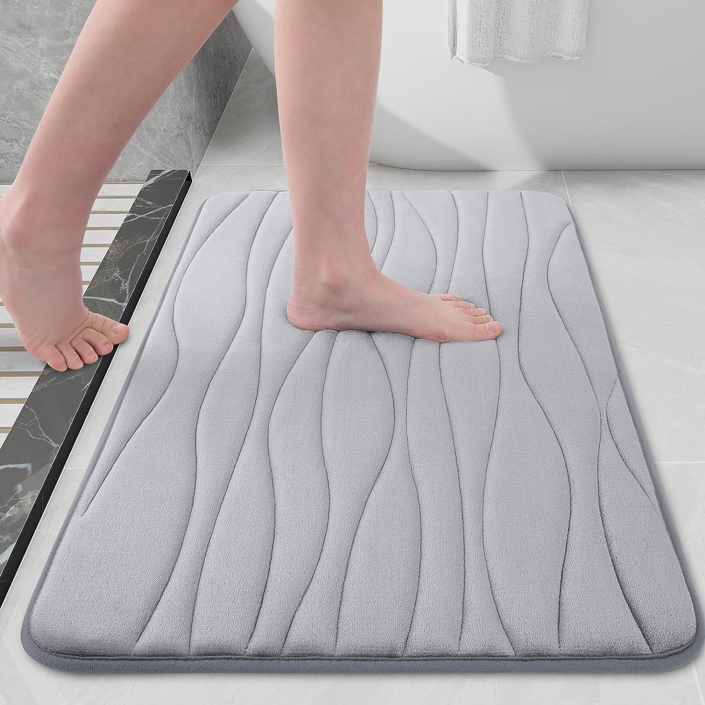 santanu Luxury Flannel Memory Foam Bathroom Rugs Sets 2 Piece - 32x20 Bath Mat + 24x20 U-Shape Contour Rug, Water Absorption Soft Non Slip Thick Absorbent Washable Dry Fast (Wave Light Grey)