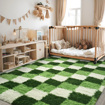 FALARK Fluffy Deep Green White Rugs for Bedroom, 4x6 Feet Checkered Rug for Living Room, Cute Shag Carpet for Kids Girls Room Nursery, Soft Shaggy Modern Indoor Carpets for Home Decor