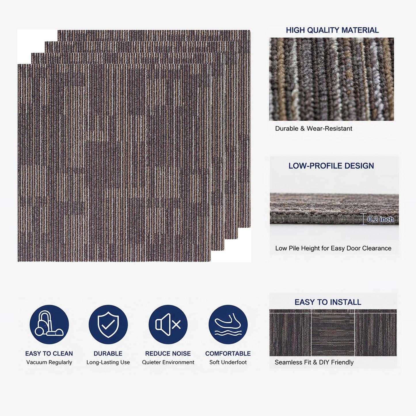 SHNOSU Carpet Floor Tiles 24” x 24” Commercial Carpet Squares 18 Pcs Non-Slip Office Soft Tiles DIY Installation for Living Room Bedroom Study Hotel, Brown