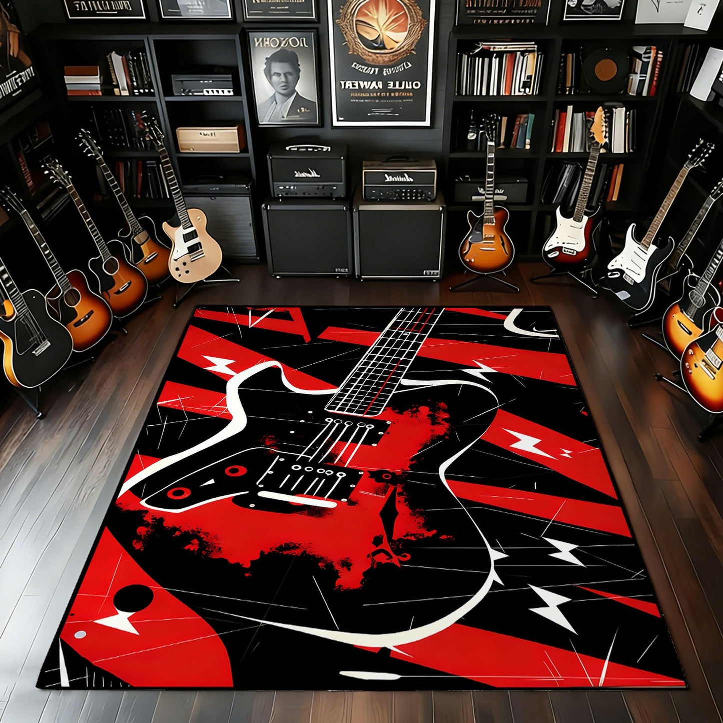 Electric Guitar Area Rug, Guitar Area Rug, Musical Theme Rugs, Faux Cashmere Washable, American Guitars Music Instrument Carpet for Studio, Living Room, Bedroom (5' x 7' (Rectangular))