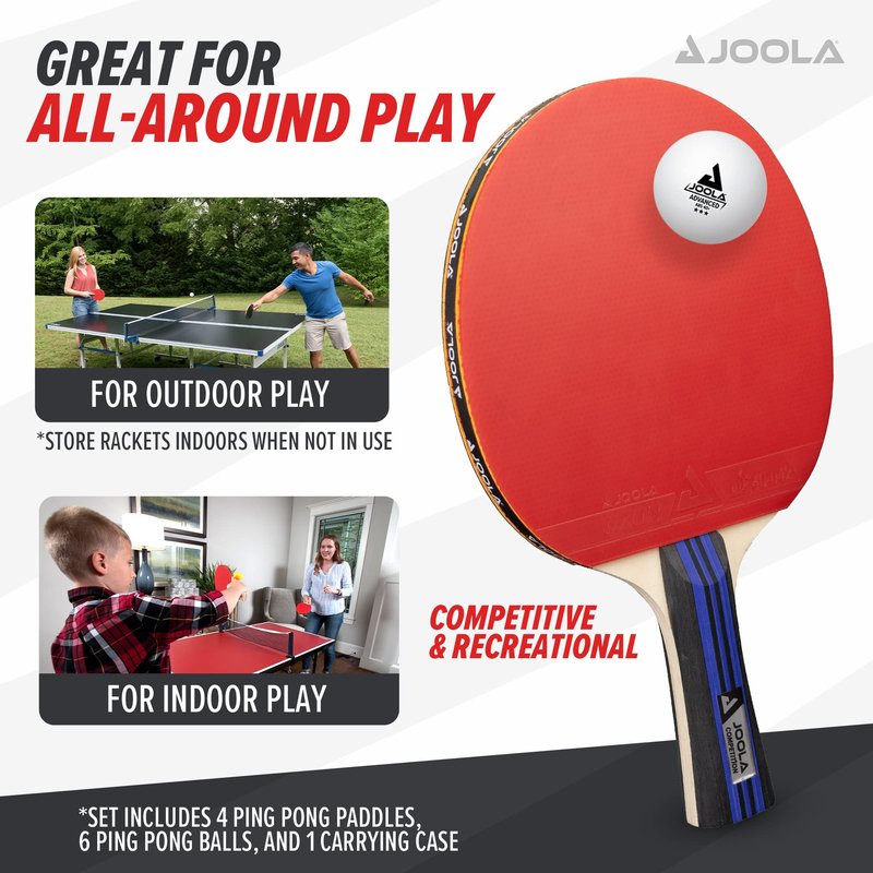 JOOLA Advanced Premium Ping Pong Paddles Set of 4 - Professional Table Tennis Paddles, 6 Advanced Training 3 Star Ping Pong Balls, and Carrying Case - Tournament Level - Indoor and Outdoor Compatible
