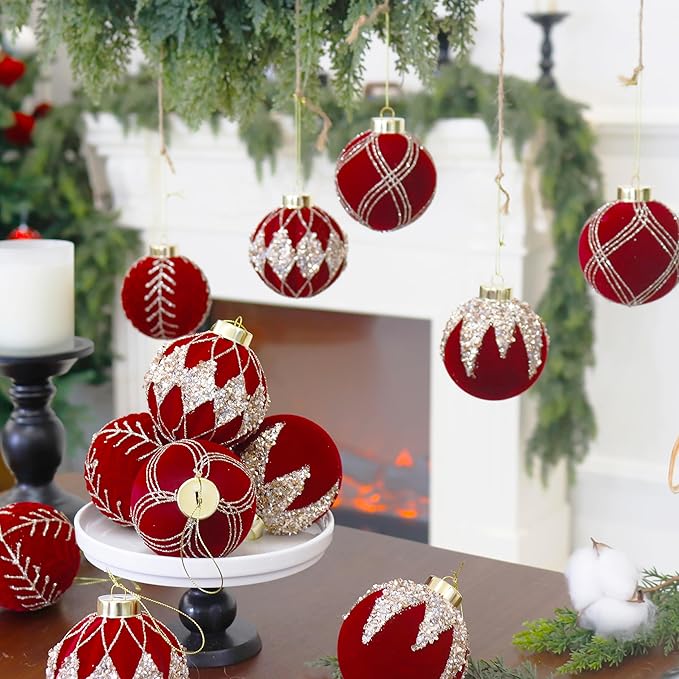 3.15INCH Burgundy Velvet Ornaments for Christmas Tree, 12PCS Glitter Flocked Christmas Ornaments Decorations Balls Set Decor