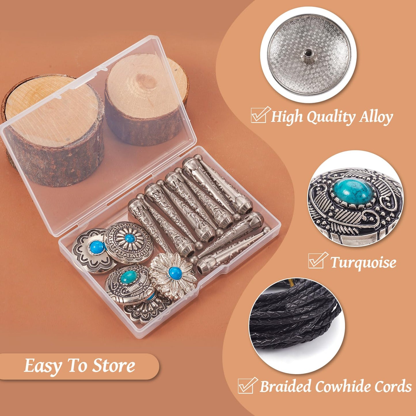 Pandahall 20Pcs Bolo Tie Slider Clasp Kit Alloy Turquoise Buttons Leather Necktie Bolo Tie Tips Replacement End Caps Bolo Tie Slide Clasp for Bracelet Jewelry Making DIY Craft Wallet Bag